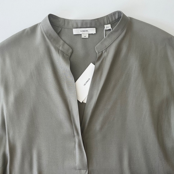 Vince Silk Band Collar long sleeve Blouse Brown Vneck Size Small - Picture 6 of 9